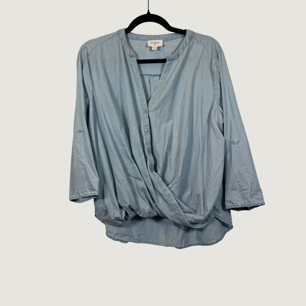 Everly Light Blue Chambray Surplice Wrap Top Roll Tab Sleeve Medium